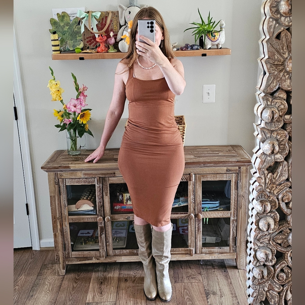 Good American Rust Brown Bodycon Midi Tank Dress Size L (3) Curve‑Hugging